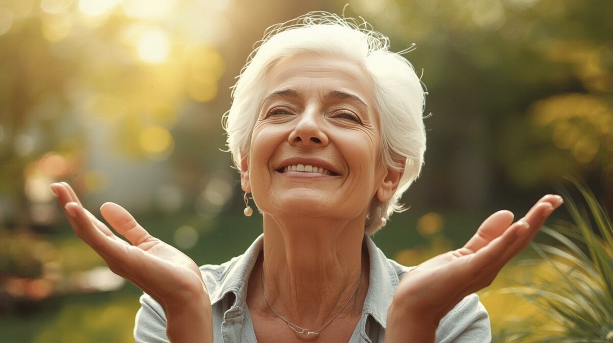 Femme senior heureuse et épanouie vivant seule à 70 ans.